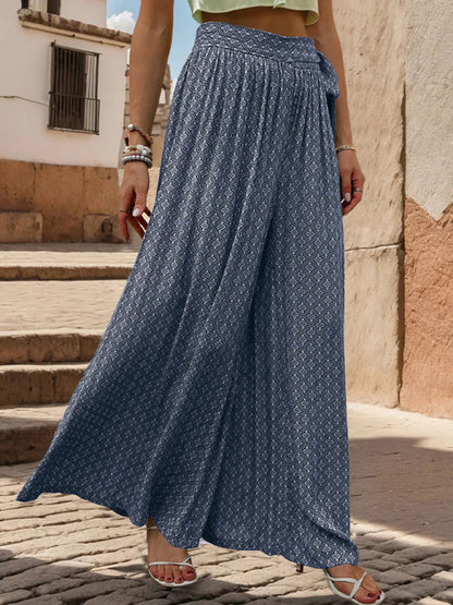 New women's lace-up high-waisted casual printed wide-leg trousers