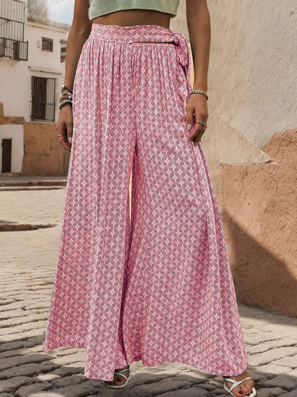 New women's lace-up high-waisted casual printed wide-leg trousers