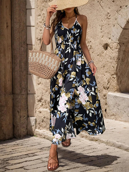 New floral print slit strapless backless A-line long dress