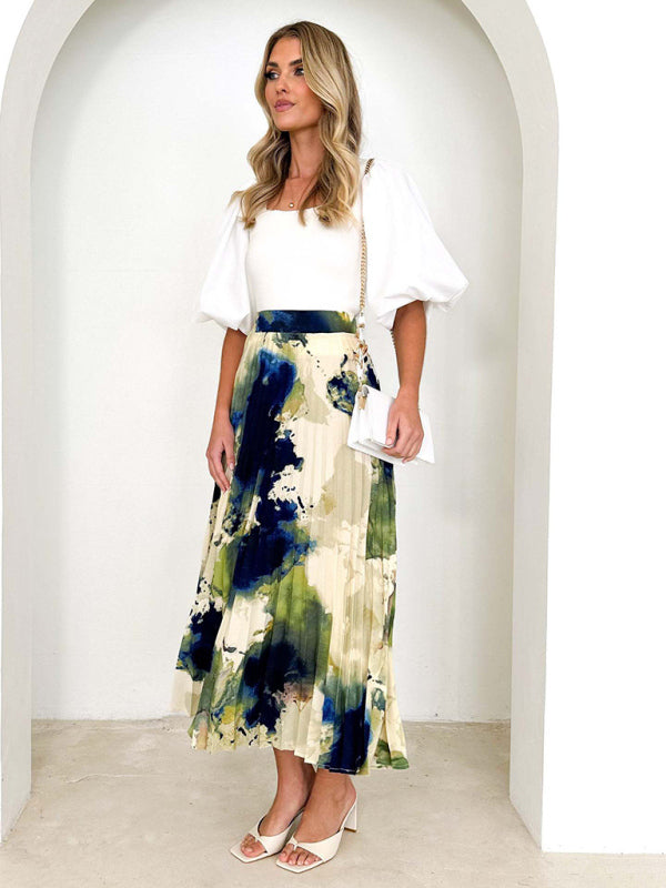 Women's printed draped A-line pleated skirt