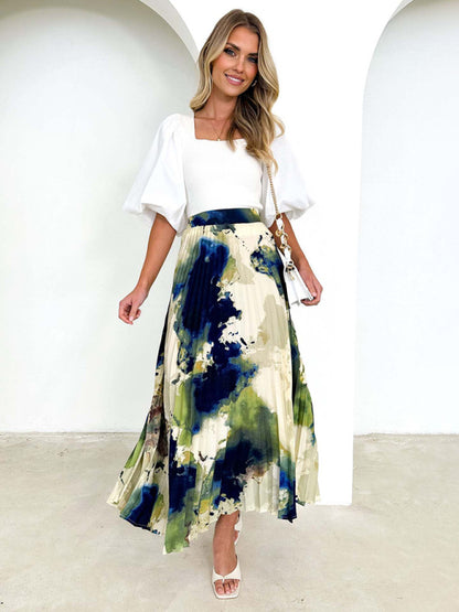 Women's printed draped A-line pleated skirt