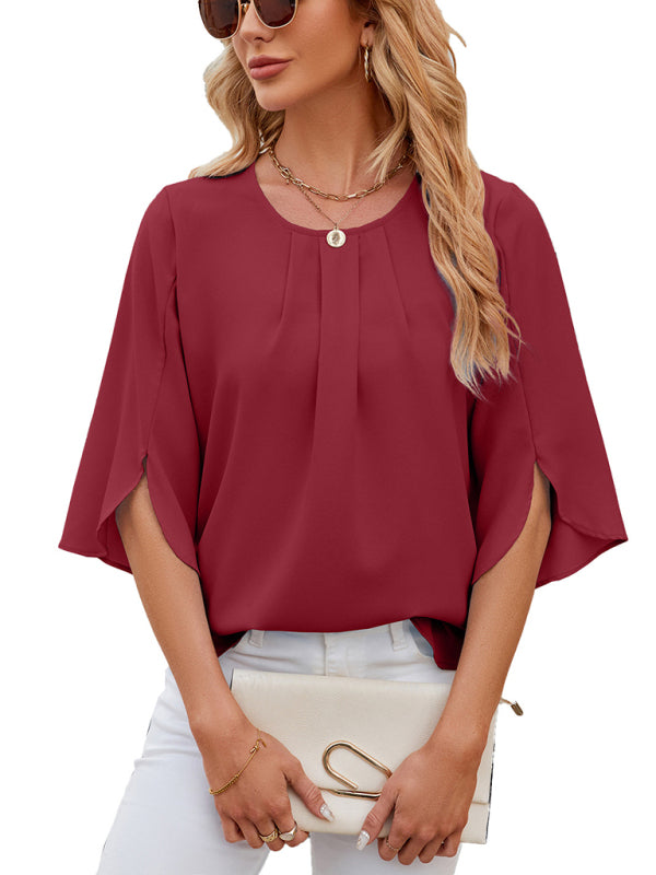 Women's New Round Neck Quarter Sleeve Loose Chiffon Shirt Top