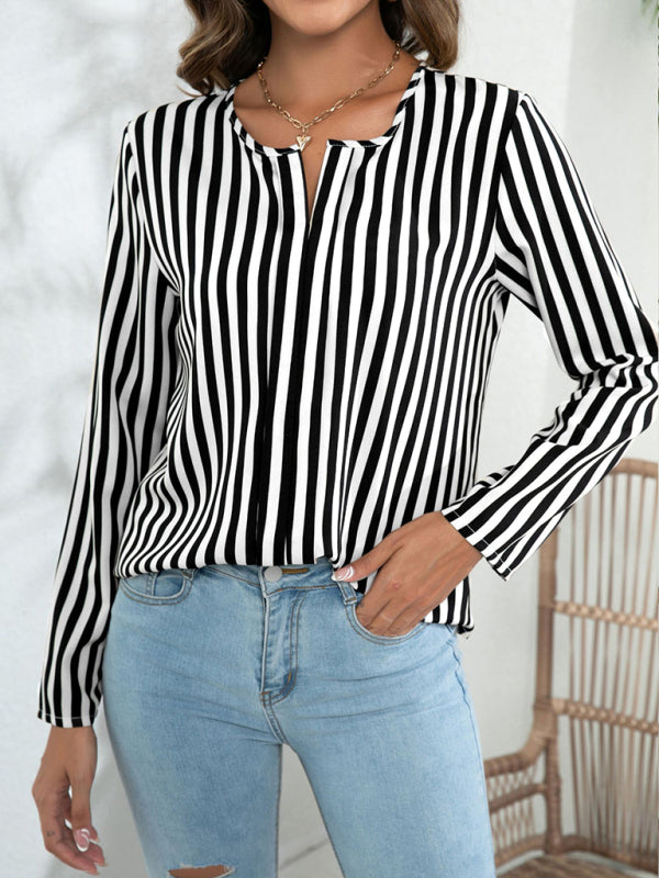 Women's Long Sleeve Round Neck Striped Print Top blouse