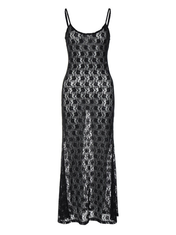 Women's mesh suspender sexy backless long  dress