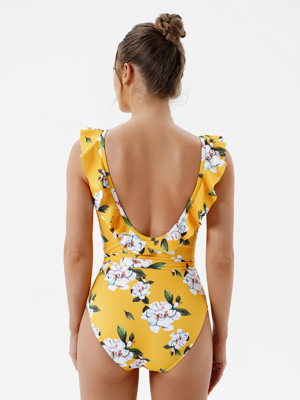 Women's Skinny Backless Floral Print One Piece Swimsuit