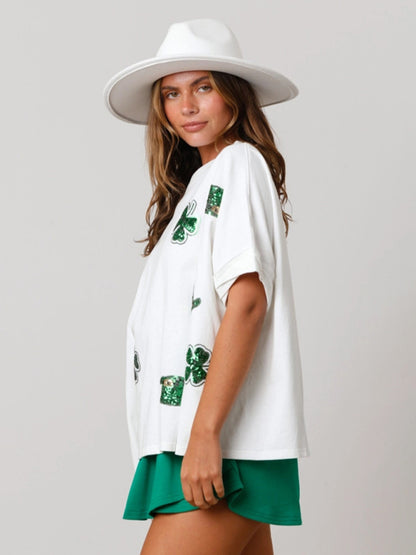 Women's St. Patrick's four-leaf clover sequined top loose T-shirt