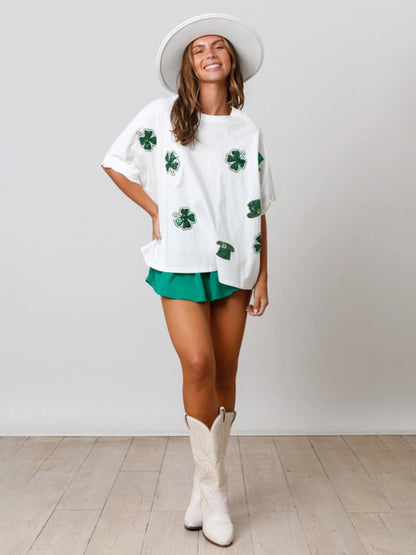 Women's St. Patrick's four-leaf clover sequined top loose T-shirt