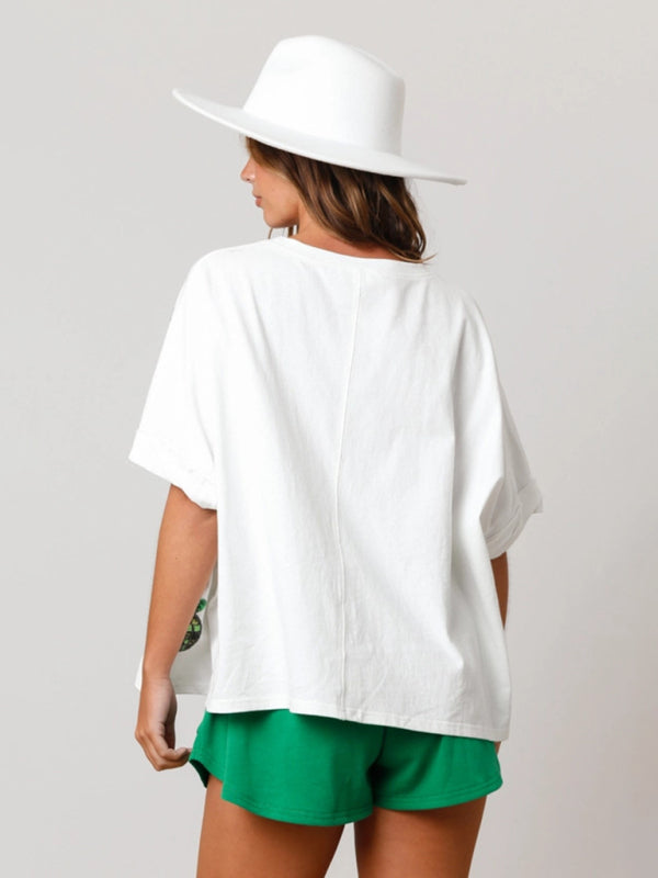 Women's St. Patrick's Hat Sequin Top Loose T-Shirt