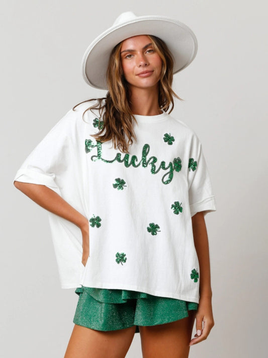 Women's St. Patrick's lucky four-leaf clover sequined top loose T-shirt