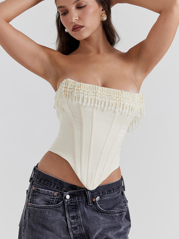 Sexy retro cream hottie fishbone tight tube top