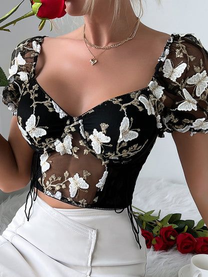 New women's puff sleeve sexy floral navel cropped top