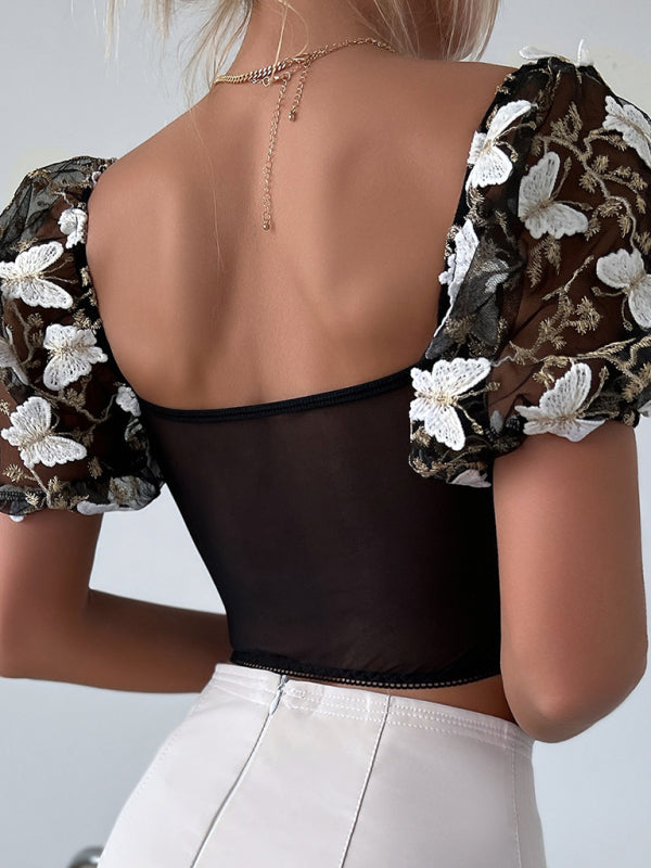 New women's puff sleeve sexy floral navel cropped top