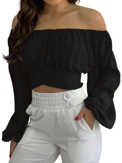 Women's off-shoulder cross strap long sleeve top