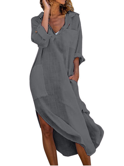 Solid color buttoned slit loose breathable casual long shirt dress