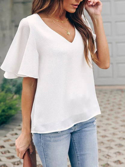 Women's loose V-neck ruffle sleeve casual top