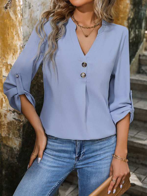 Women's Elegant Commuting V-Neck Button-Down Pullover Shirt