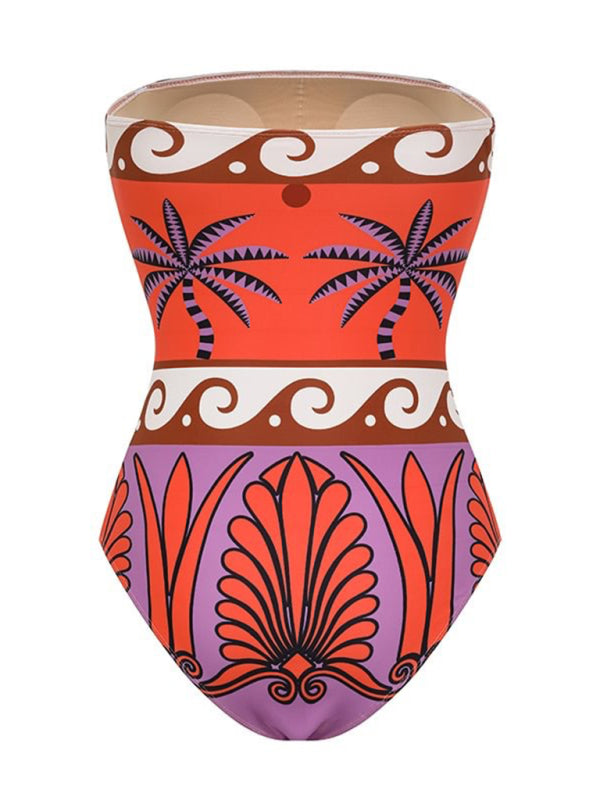 Strapless printed one-piece swimsuit with matching skirt