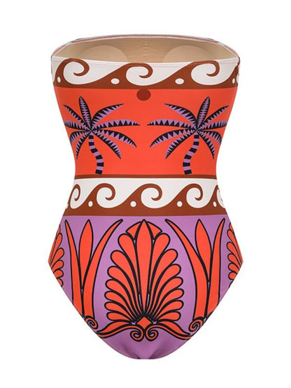 Strapless printed one-piece swimsuit with matching skirt