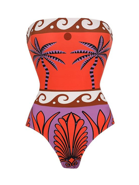 Strapless printed one-piece swimsuit with matching skirt