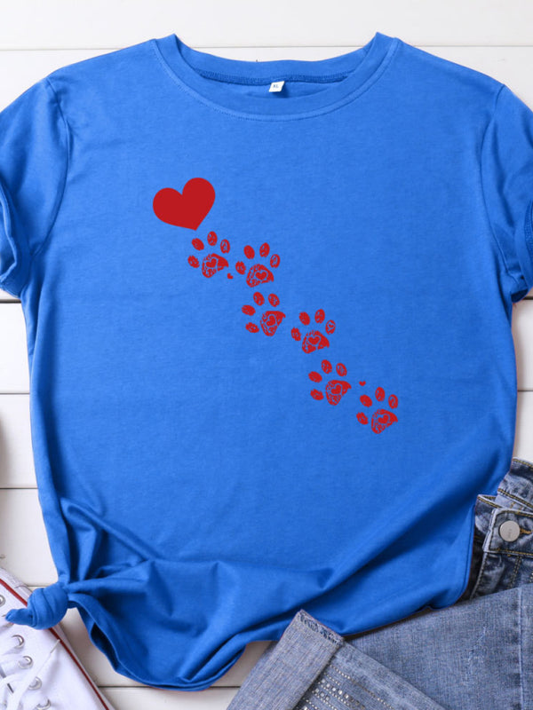 New women's casual love animal footprint casual cotton short-sleeved T-shirt