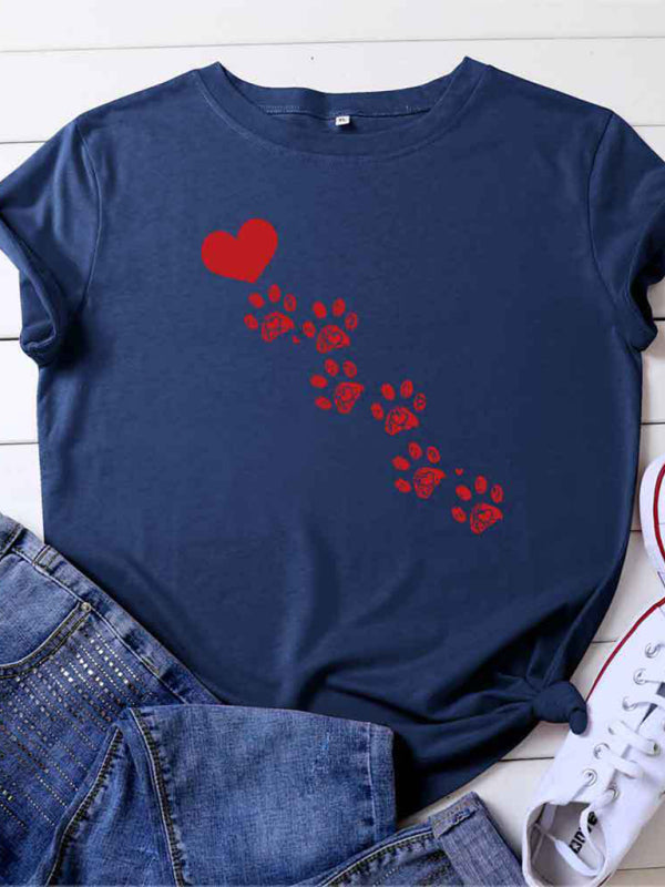 New women's casual love animal footprint casual cotton short-sleeved T-shirt