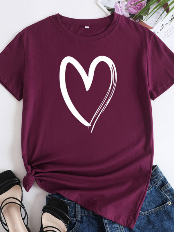 New women's casual cotton love pattern short-sleeved T-shirt