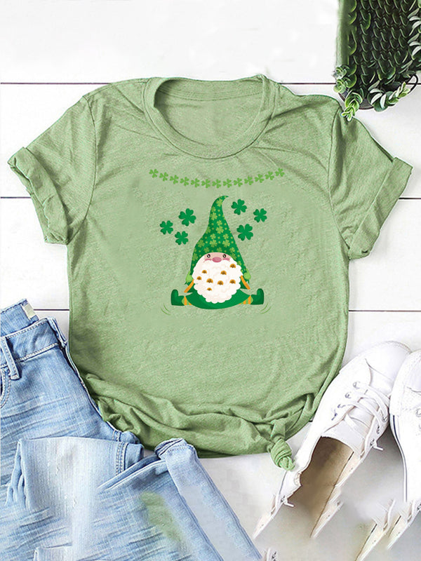 Women's New Hat Old Man Clover Print St. Patrick's Day Short Sleeve T-Shirt