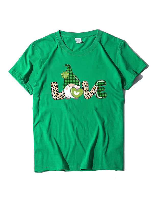 Women's new leopard print love + clover print St. Patrick's Day short-sleeved T-shirt