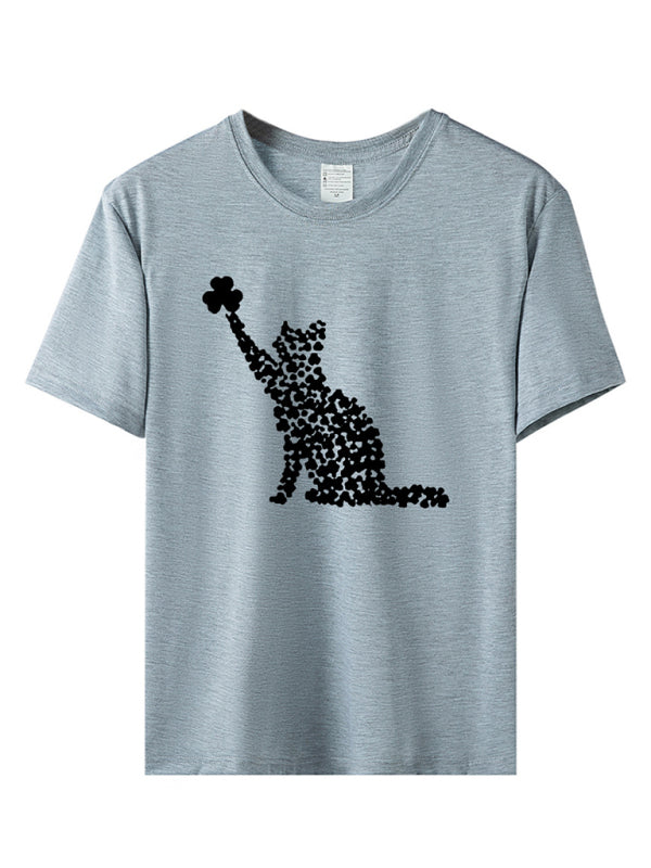 New women's T-shirt cat clover print short-sleeved T-shirt