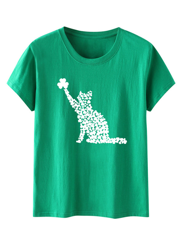 New women's T-shirt cat clover print short-sleeved T-shirt