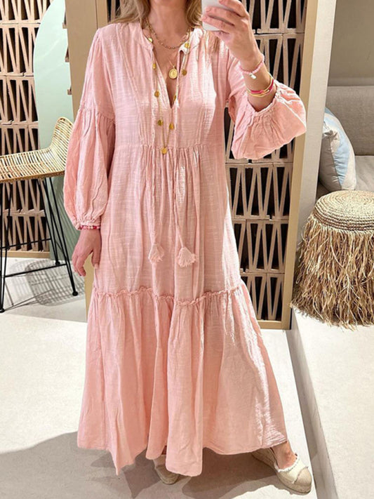 Women's Fashionable V-Neck Puff Sleeve Bohemian Cotton and Linen Dress