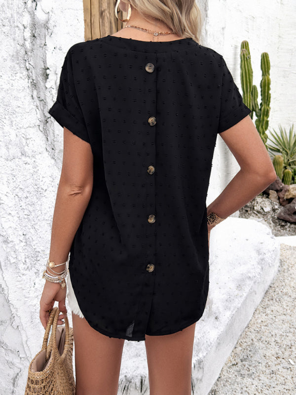 Women's solid color casual short-sleeved V-neck jacquard fabric shirt