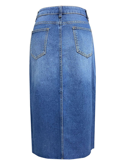 New front slit denim high waist a line mid length skirt