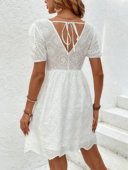 Women's new v-neck puff sleeve white dress