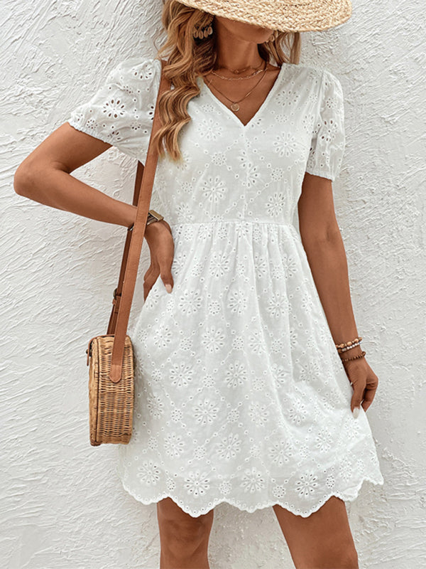 Women's new v-neck puff sleeve white dress