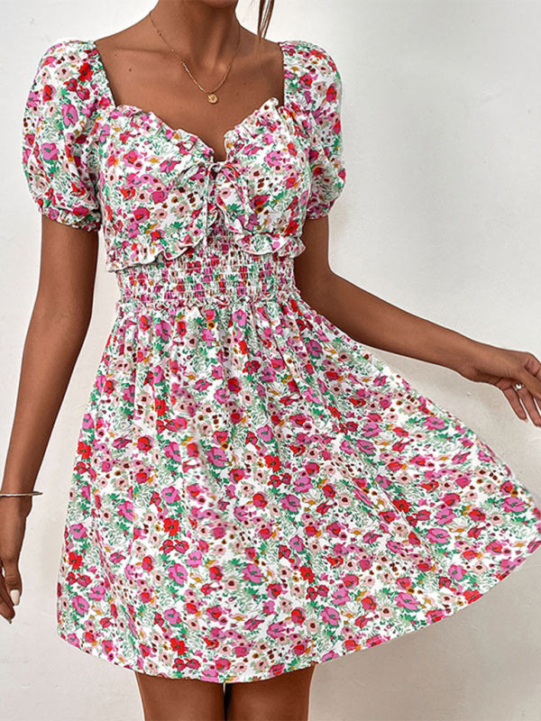 Women's New High Waist Puff Sleeve Floral Dress