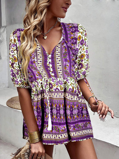 Women's new tassel V-neck printed casual resort style top