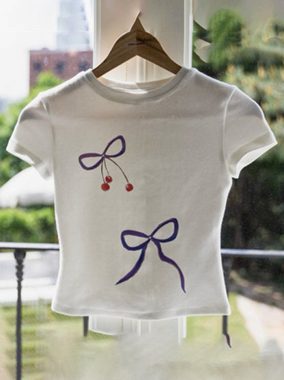 New bow solid color printed navel-baring short-sleeved T-shirt