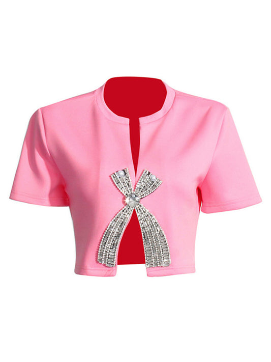 New style diamond sequined bow short-sleeved solid color slit top