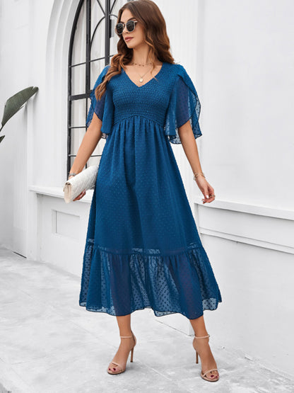 Women's elegant solid color V-neck dress