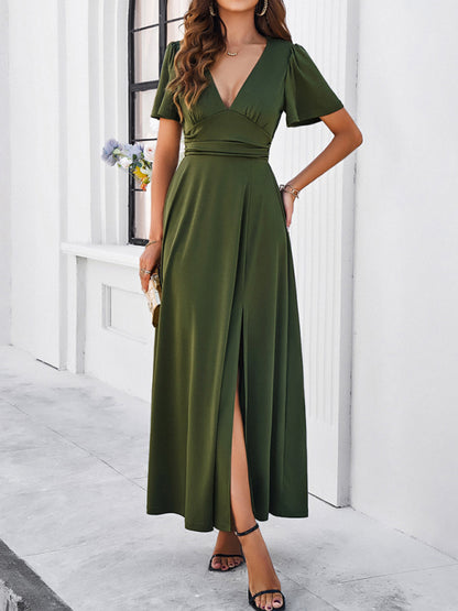 Women's new solid color V-neck waist dress