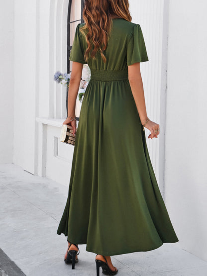 Women's new solid color V-neck waist dress