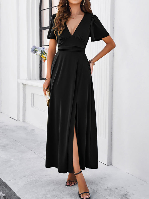 Women's new solid color V-neck waist dress