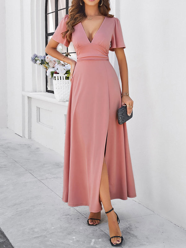 Women's new solid color V-neck waist dress