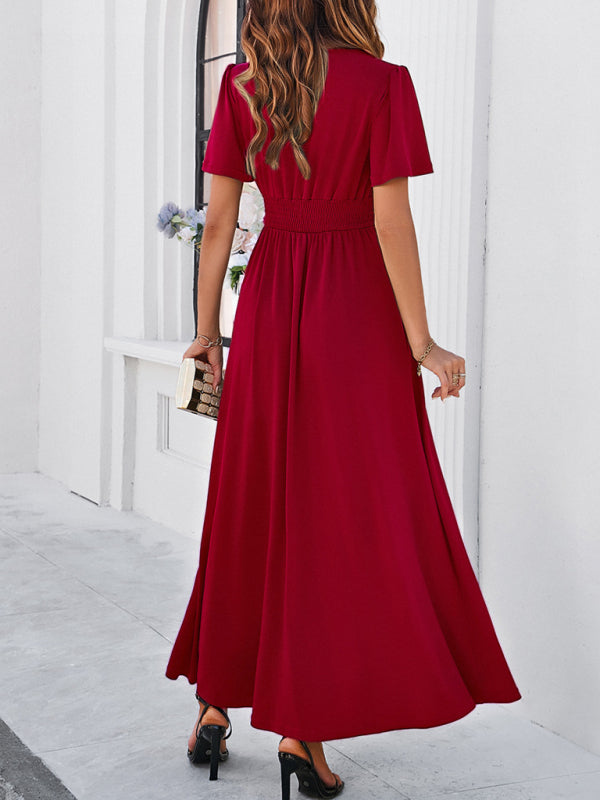 Women's new solid color V-neck waist dress