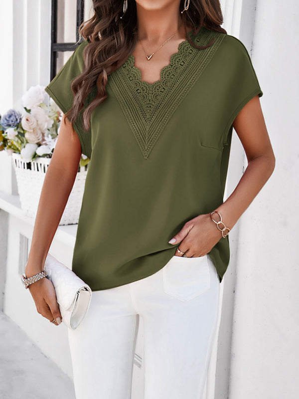 Women's casual solid color V-neck short-sleeved shirt