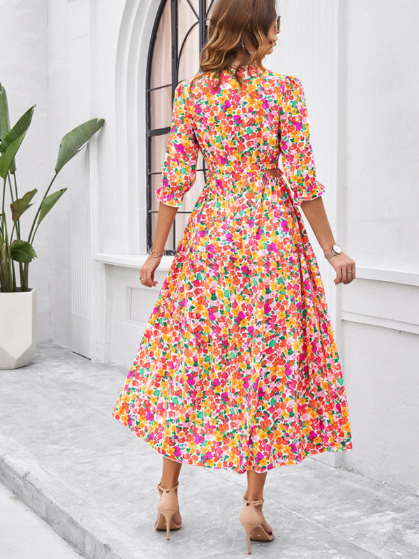 Spring and summer new holiday casual printed V-neck slit dress