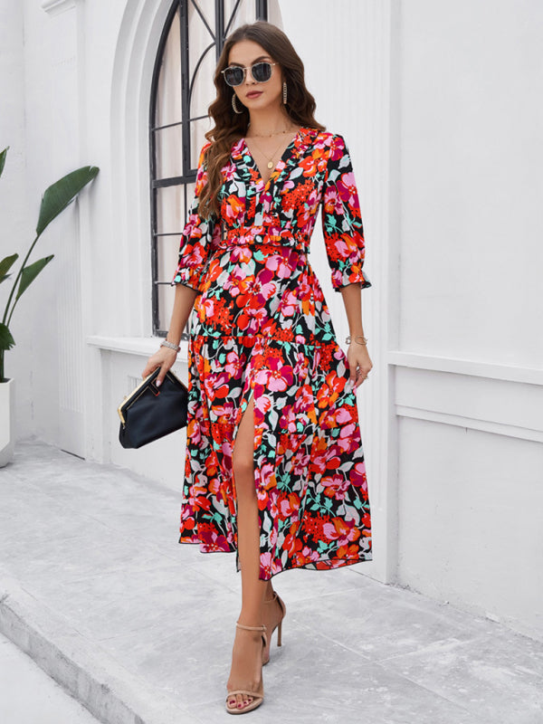 Spring and summer new holiday casual printed V-neck slit dress