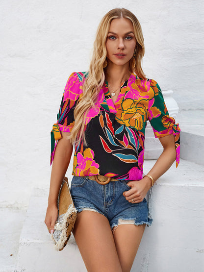 New fashionable printed casual V-neck knotted top