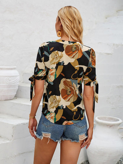 New fashionable printed casual V-neck knotted top